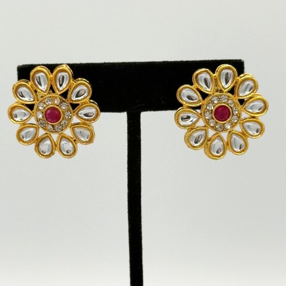 Gold Tone Red Kundan Stud Earrings Chandbali Pakistani Indian Bollywood Jewelry - Picture 1 of 7